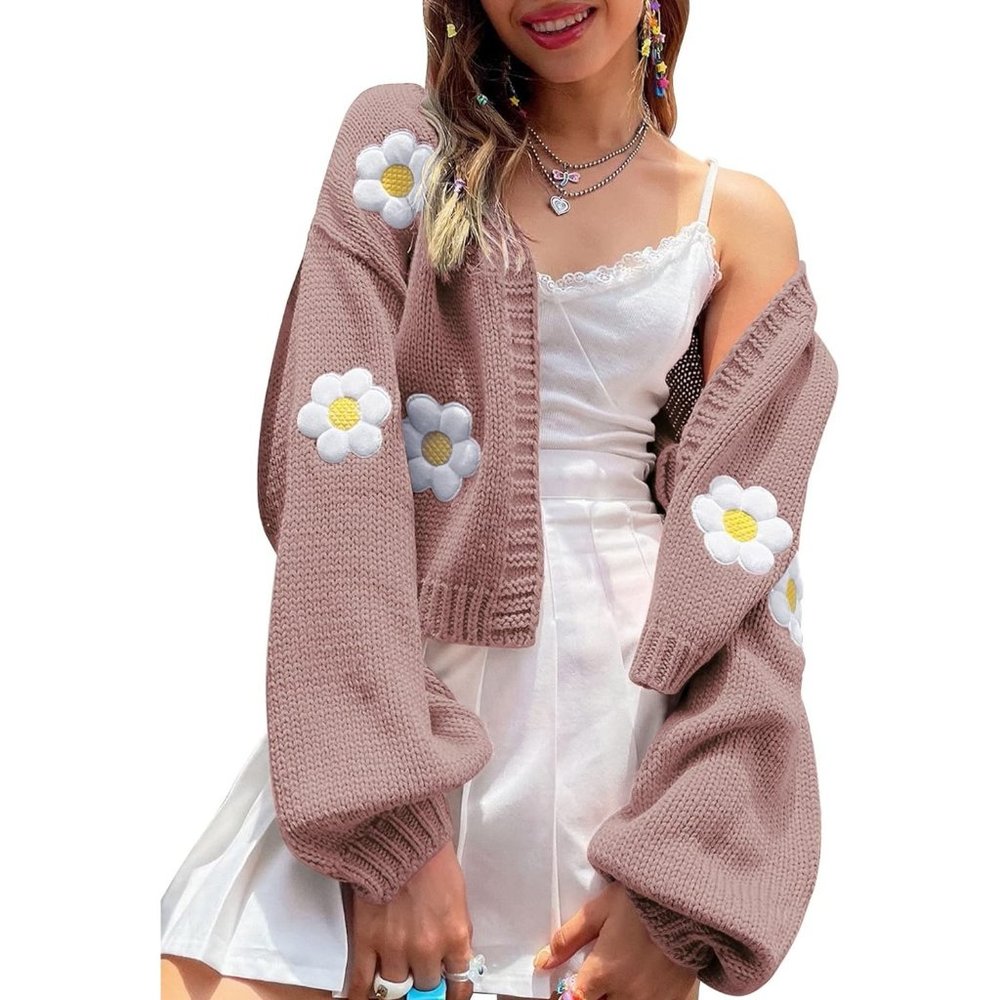 Womens Long Sleeve Open Front Flower Knit  Cardigan Aesthetic Shrug Outfits